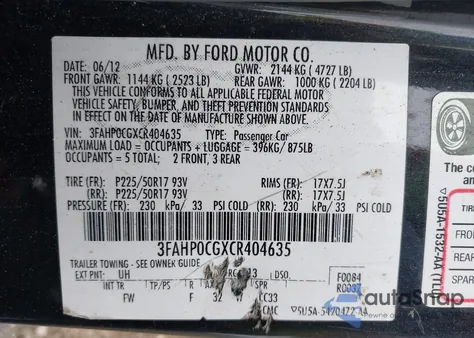 2012 Ford Fusion Sel from USA, damaged, VIN 3FAHP0CGXCR404635